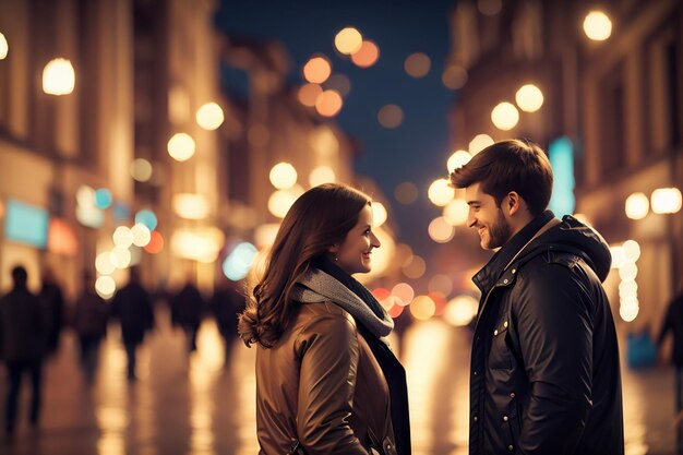 Un couple amoureux se promène dans une ville nocturne arrière-plan bokeh