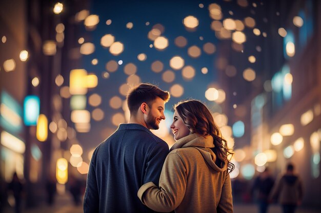 Un couple amoureux se promène dans une ville nocturne arrière-plan bokeh