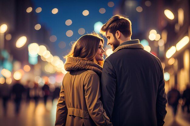 Un couple amoureux se promène dans une ville nocturne arrière-plan bokeh