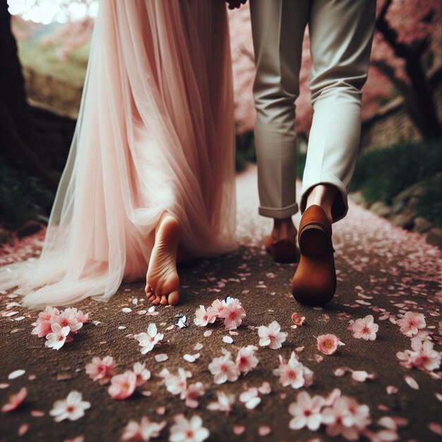 Photo un couple amoureux se promène sur le fond des cerisiers roses.