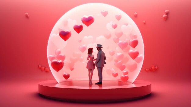 Un couple amoureux se tient l'un en face de l'autre sur un fond rose avec des boules Scène de la Saint-Valentin