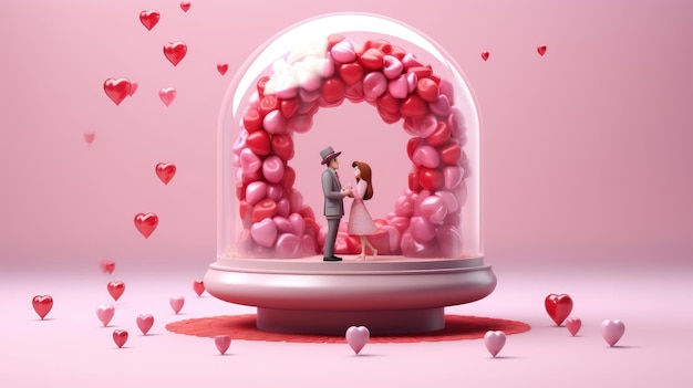 Un couple amoureux se tient l'un en face de l'autre sur un fond rose avec des boules