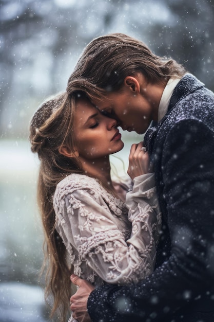 Un couple amoureux sous la neige