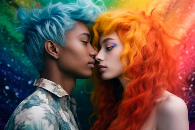 Couple d'amoureux transgenres pour le mois de la fierté LGBT aux couleurs de l'arc-en-ciel