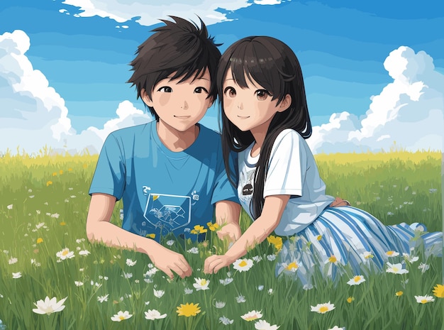 Couple d'anime dans un jardin fleuri avec un fond de ciel bleu