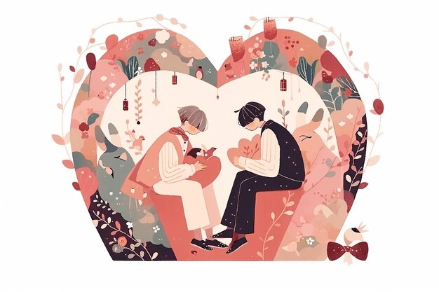 Photo le couple d'anime gay à l'intérieur de l'illustration abstraite du cœur fond romantique de la saint-valentin