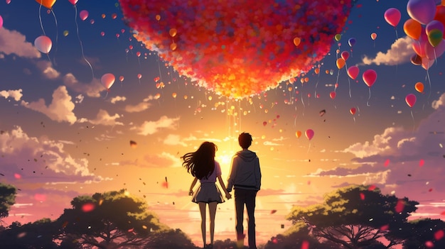 un couple d'anime regardant un ballon voler dans le ciel