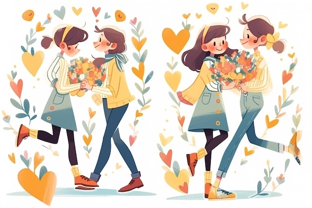 Un couple d'animés lesbiens sur un fond blanc de confetti qui tombe