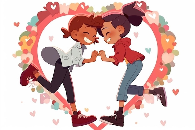 Un couple d'animés lesbiens à l'intérieur d'une illustration abstraite de cœur sur fond romantique de la Saint-Valentin