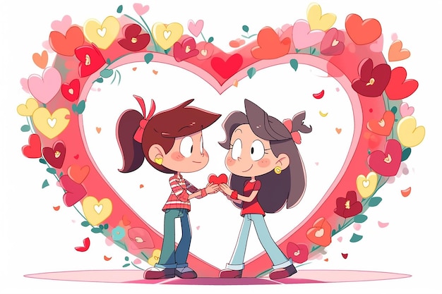 Un couple d'animés lesbiens à l'intérieur d'une illustration de cœur floral à l'arrière-plan romantique de la Saint-Valentin