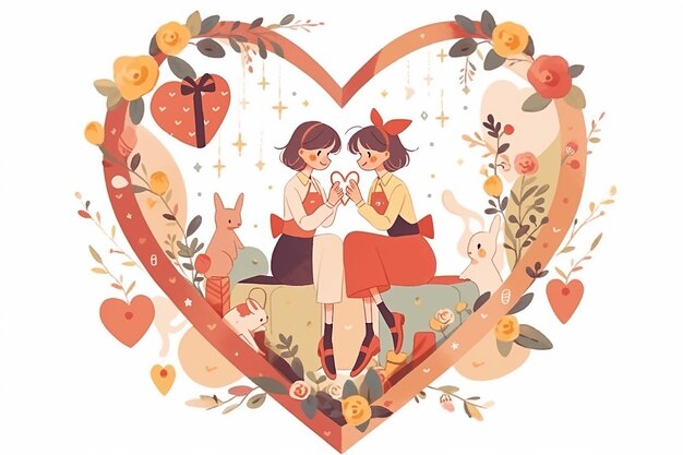 Un couple d'animés lesbiens à l'intérieur d'une illustration de cœur floral à l'arrière-plan romantique de la Saint-Valentin