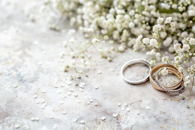 un couple d'anneaux de mariage sont posés sur une surface blanche avec un bouquet de fleurs