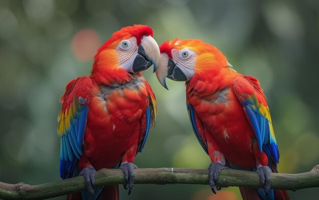 Photo un couple d'ara rouges sur un fond vert et luxuriant