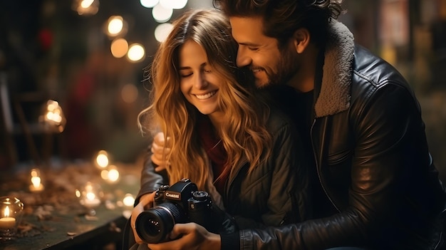 couple araffe assis sur un banc avec un appareil photo et souriant IA générative