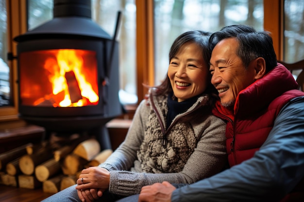 Un couple asiatique d'âge moyen heureux s'embrassant près de la cheminée dans une cabane de forêt d'hiver