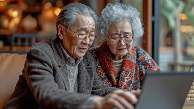 Un couple asiatique âgé utilise un ordinateur portable pour planifier ses vacances d'été et réserver des hôtels et des centres de villégiature en ligne tout en recherchant des options d'escapade pour le week-end.