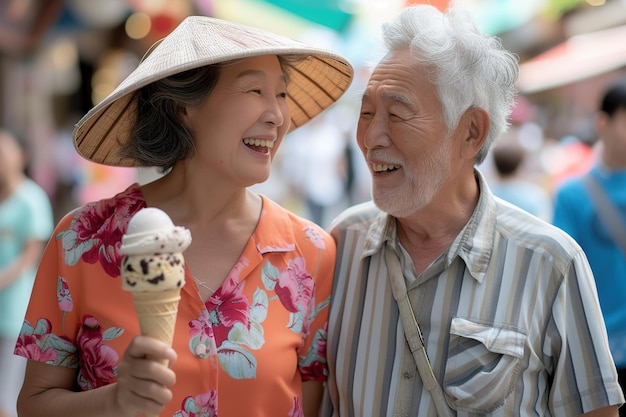 Un couple asiatique âgé en vacances d'été.