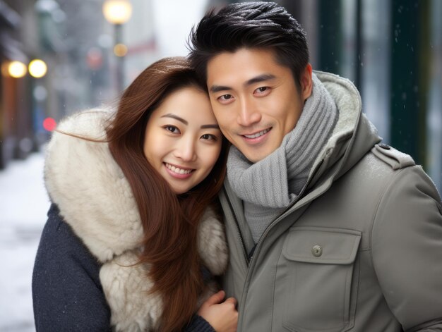 Photo un couple asiatique aimant profite d'une journée d'hiver romantique