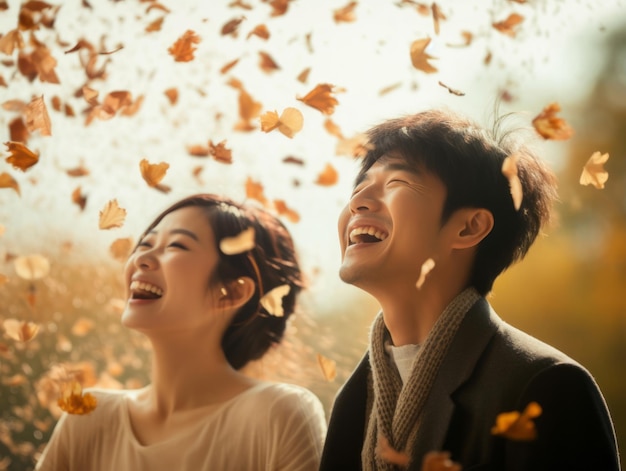 Un couple asiatique amoureux profite d'une journée romantique d'automne.