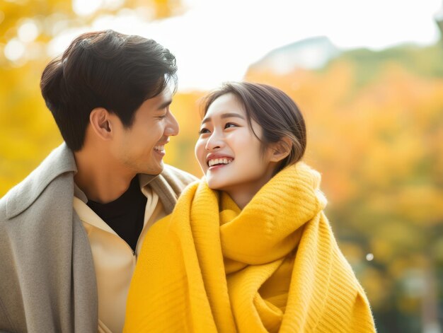 Un couple asiatique amoureux profite d'une journée romantique d'automne.