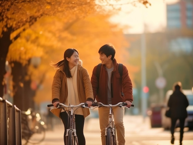 Un couple asiatique amoureux profite d'une journée romantique d'automne.