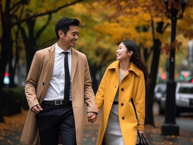 Un couple asiatique amoureux profite d'une journée romantique d'automne.