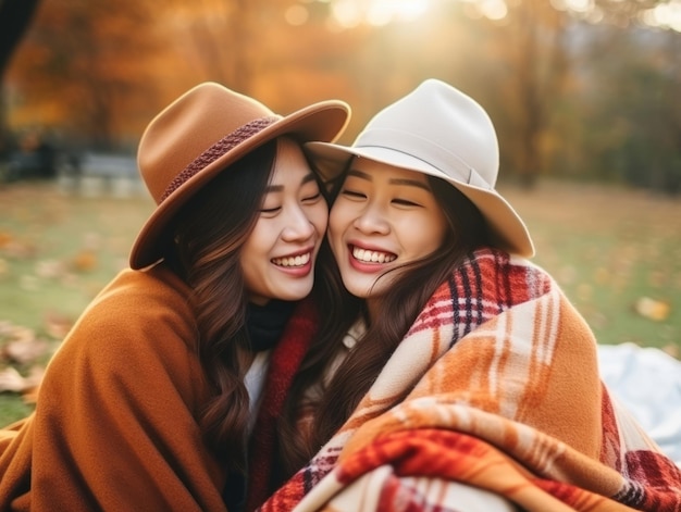 Un couple asiatique amoureux profite d'une journée romantique d'automne.