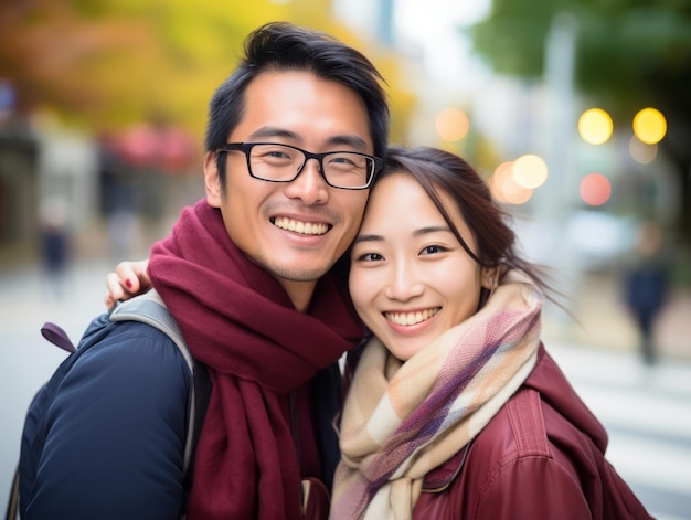 Un couple asiatique amoureux profite d'une journée romantique d'automne.