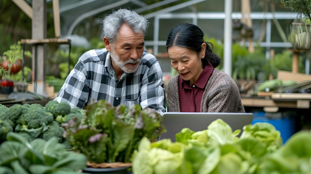 Photo un couple asiatique heureux dans une ferme de légumes.