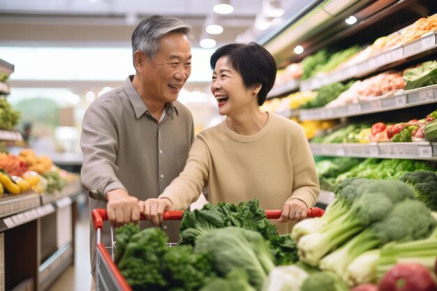 Un couple asiatique mûr choisit des légumes et des fruits frais.