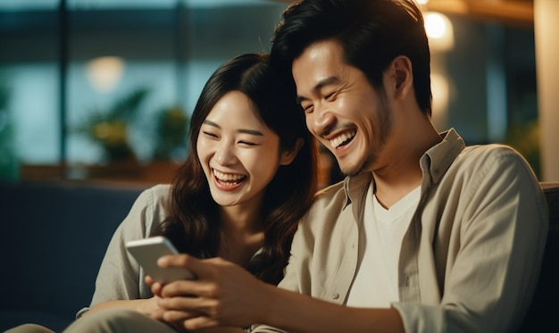 Couple asiatique utilisant un smartphone et riant Moment de bonheur