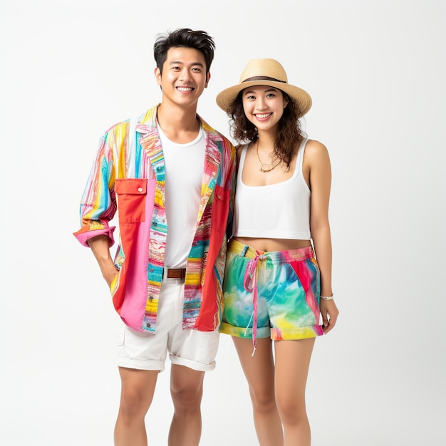 Couple asiatique en vêtements de vacances isolé sur un fond blanc ou transparent