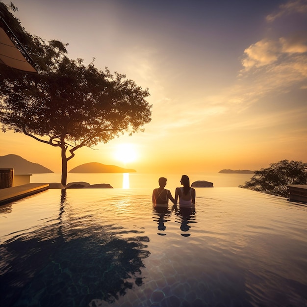 Couple assis au bord de la piscine au coucher du soleil