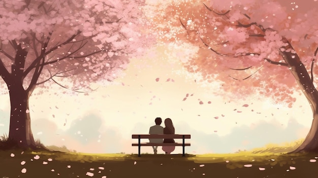 Un couple assis sur un banc devant un cerisier rose en fleurs.