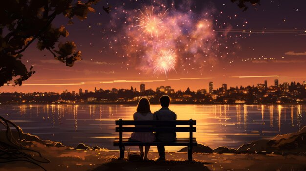 Photo un couple assis sur un banc en regardant des feux d'artifice