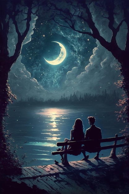 Couple assis sur un banc en regardant la lune ai générative