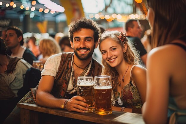 un couple assis à un bar avec des bières devant eux