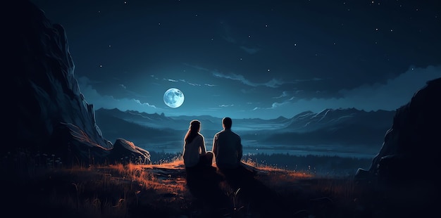 Un couple assis sur une colline regardant la lune