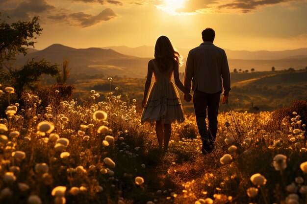 Un couple assis sur une colline surplombant un flux de soleil