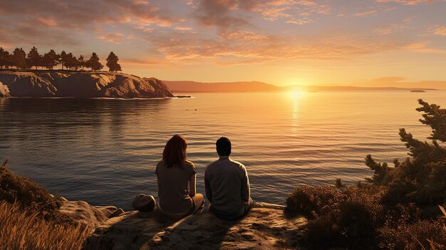 Couple assis sur la côte de Californie au coucher du soleil