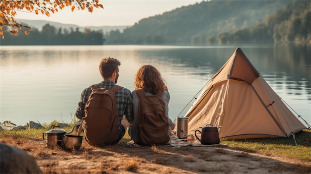 Un couple assis dans une tente sur le rivage d'un lac de montagne