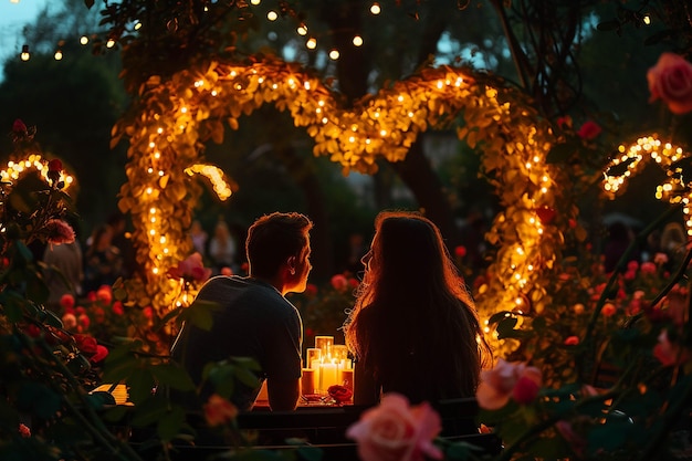 Un couple assis devant un cœur qui dit amour