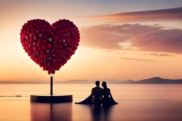 Couple assis sur l'eau avec des ballons en forme de coeur en arrière-plan.