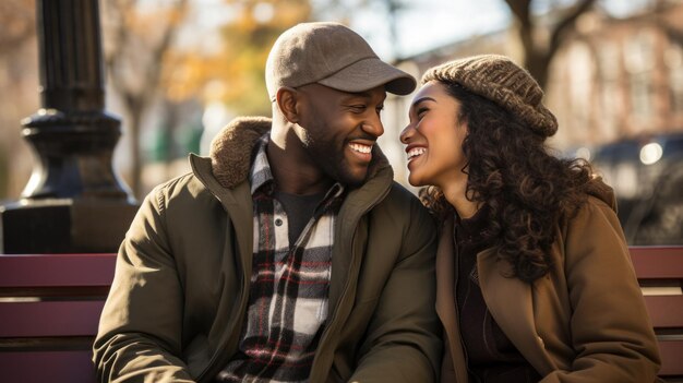 Photo un couple assis ensemble sur un banc de parc se regardant dans les yeux et souriant