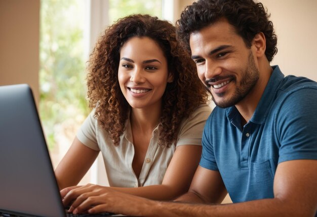 Un couple assis ensemble sur un ordinateur portable souriant et profitant d'un moment de connexion à travers