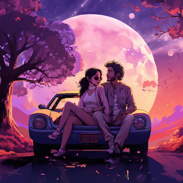 couple assis à l'extérieur de la voiture violette sous sa lune dans le style de la culture pop indienne