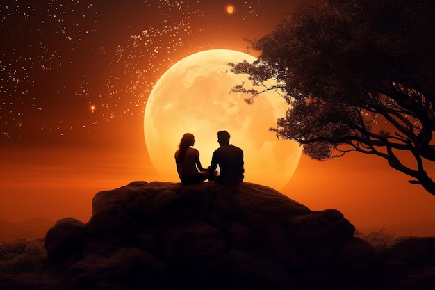 Photo le couple assis sur la lune orange