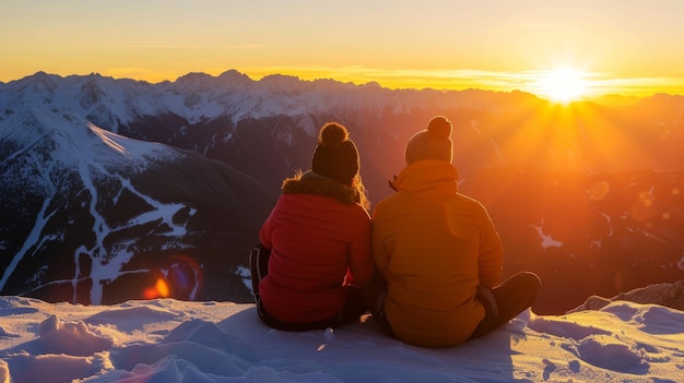 Un couple assis sur une pente couverte de neige