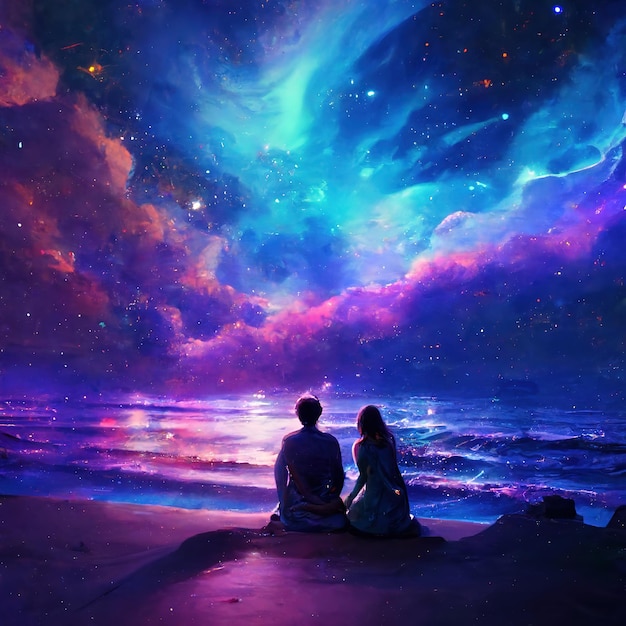 Un couple assis sur la plage regarde l'océan et le ciel est rempli d'étoiles.