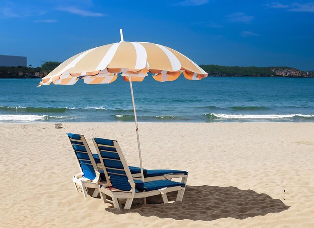 Un couple assis sous un parapluie jaune multicolore se tient sur une plage de sable sur le fond de la belle mer